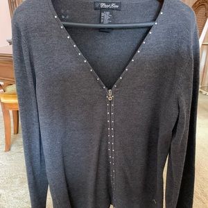 Cardigan, grey, Large which runs a little small. Acrylic, cotton, nylon blend